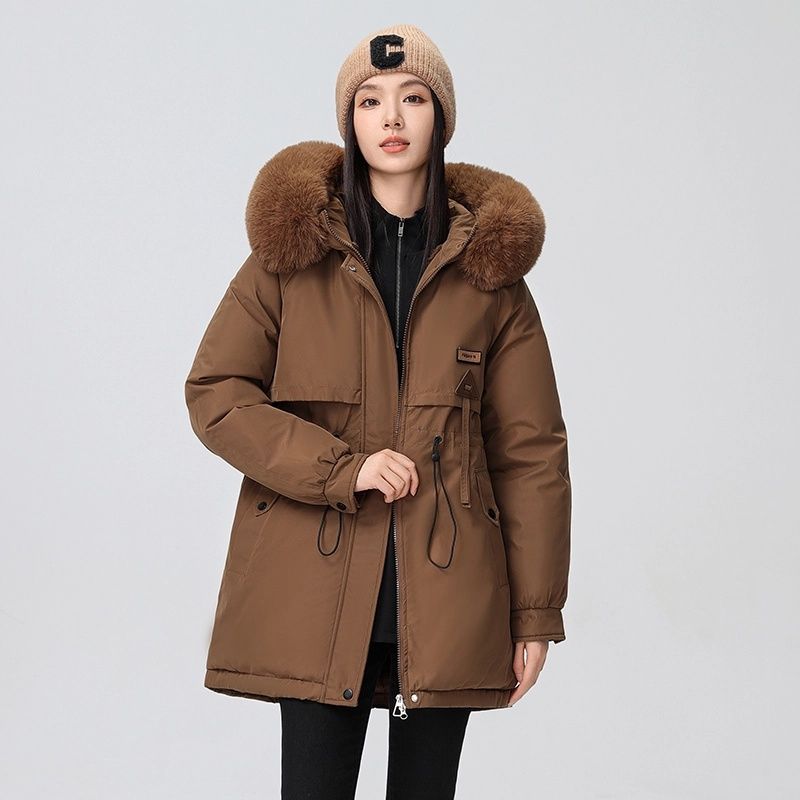 Kabát pro ženy Zimní Fleecový Zesílený Plyšový s Velkým Kožešinovým Límcem Větruodolný Vodotěsný Ležérní Péřová Bunda