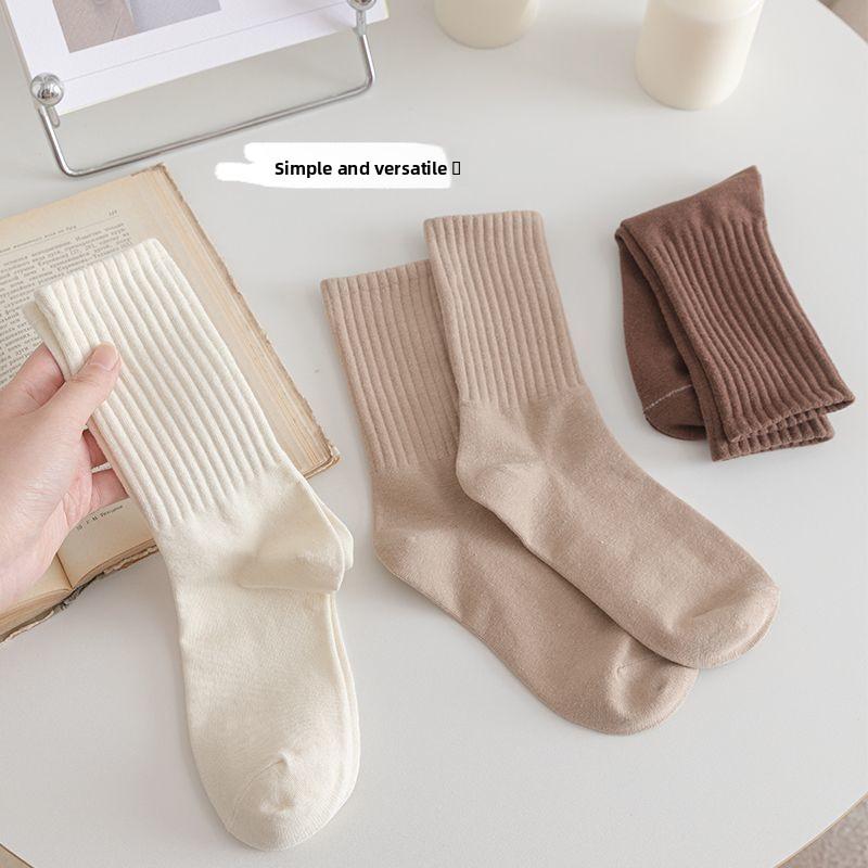 Female Autumn and Winter Trend Solid Color Stripe in The Tube Stack Socks