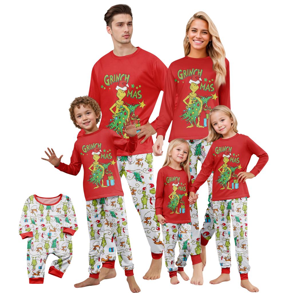 Print Cute Family Set Pajamas, Home Clothes, Family Set Long Sleeve Top Pants Set