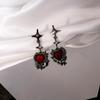 Sweet Cool Dark Red Hao Shi Heart-shaped Earrings Four Pointed Star Peach Heart Earrings Diamond Studded Pleated Earrings