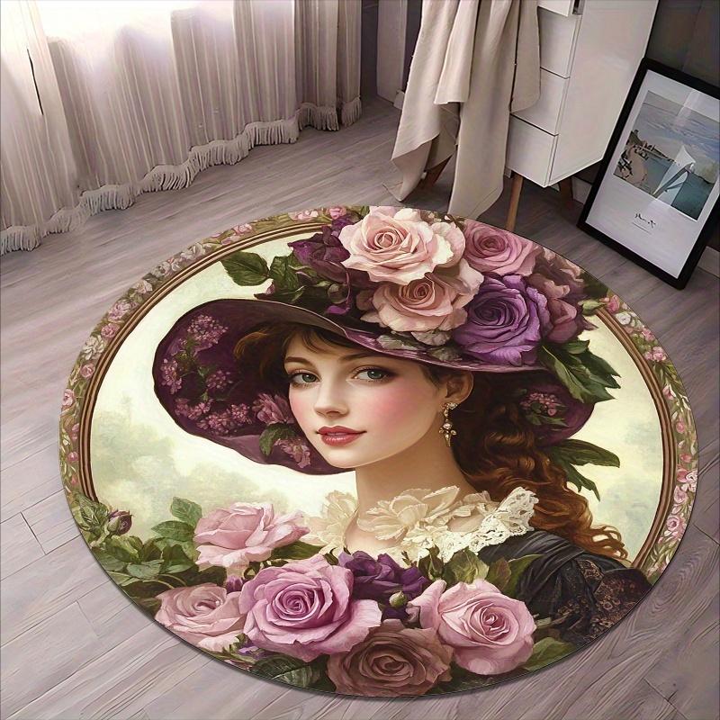 

Romantic Rose Lady Round Mat, Vintage Floral Design for Valentine Gift, Non-Slip Machine Rug for Bedroom, Anniversary Decor Diameter 60cm
