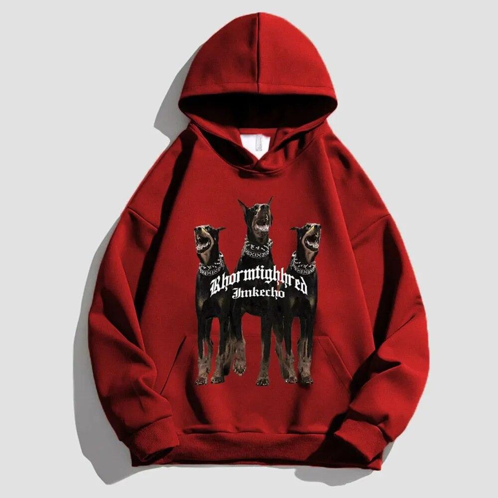 Autumn Unisex's Hooded Sportswear Doberman Print Retro Pullover Hoodies Fashion Casual Couple's Streetwear Unisex Oversized Clothes