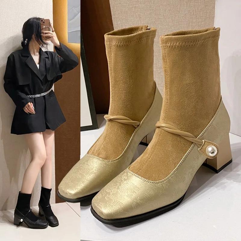 Fashion Women Ankle Boots  Side Montage Short Boots for Women Shoes Fashion PU Leather Boots High Heel 8cm Ladies Shoes
