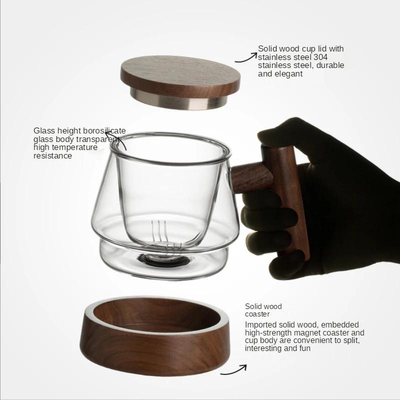 Japanese style filter tea cup tea water separation thickened heat-resistant glass office creative wooden handle magnetic cup
