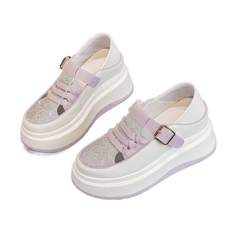 New rhinestone Roman sandals women's inner height increase in summer 2025 two wear hollow single shoes thick-soled muffin white shoes