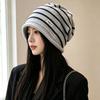 Winter Striped Knitted Hat Women Rolled Cuff Letter Beanie Cute Casual Warm Ear Protection Cold-Proof Cap
