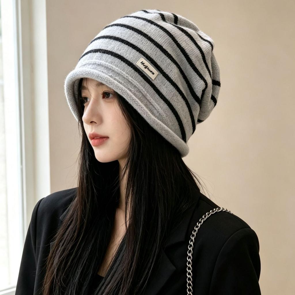 Winter Striped Knitted Hat Women Rolled Cuff Letter Beanie Cute Casual Warm Ear Protection Cold-Proof Cap