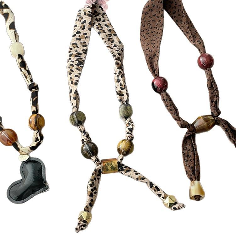 Leopard Print Beaded Silk Scarf Necklace with Cashew Flower and Wood Beads, Retro Style, Long Pull-Out Sweater Chain.