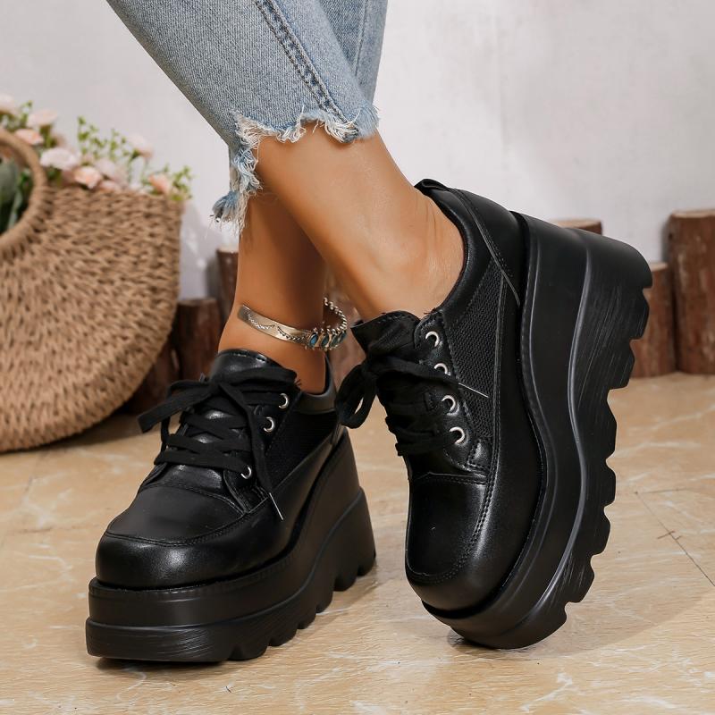 Casual Solid Black Super High Heel Loafer Women 2025 Autumn Chunky Platform Lace Up Pumps Thick Bottom Breathable Mesh Shoes