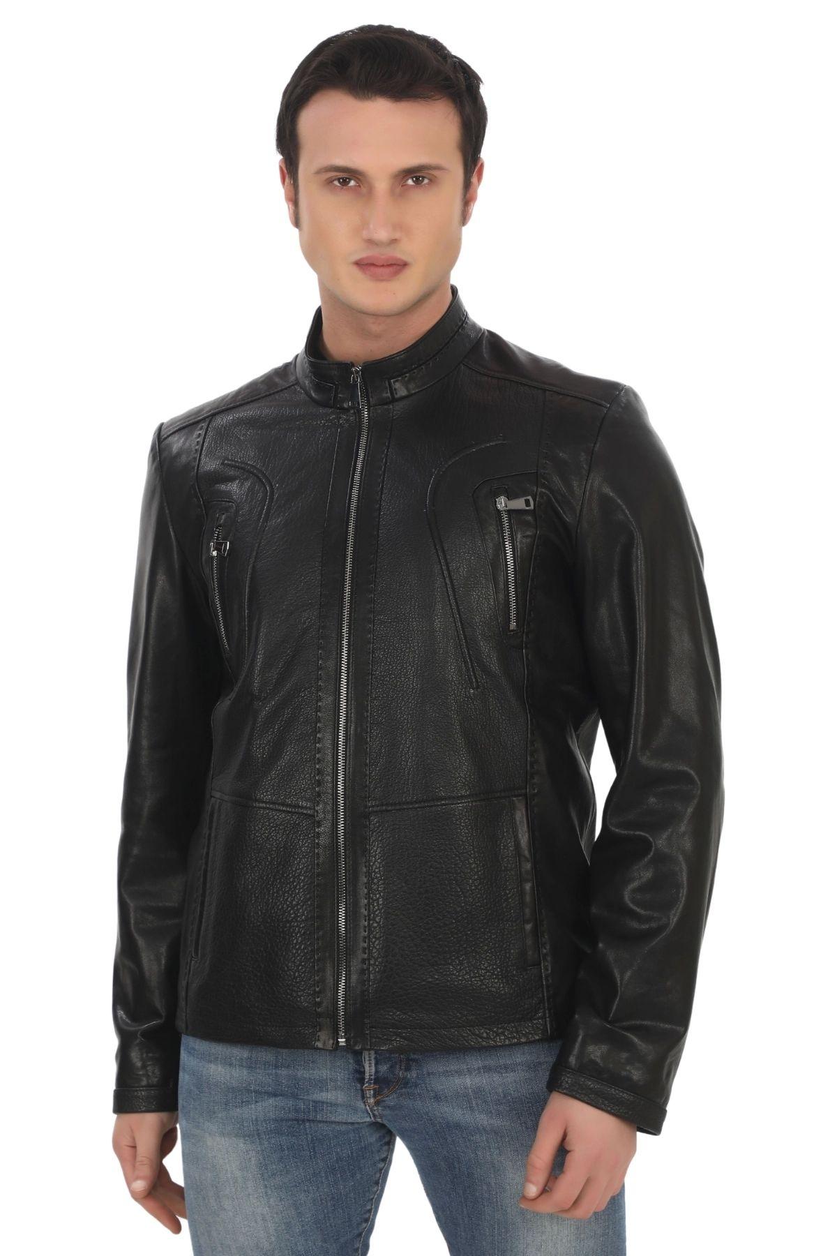

Men s Genuine Leather Jacket Black Lambskin Leather Jacket Zipper Pocket Handmade Biker Style Slim Fit 2XL чорний