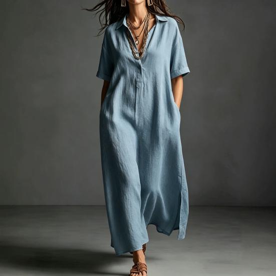 Summer Cotton Linen Dress for Women, Casual Loose Short Sleeve Long Dress, Button Up Lapel V Neck Flowy Maxi Dress