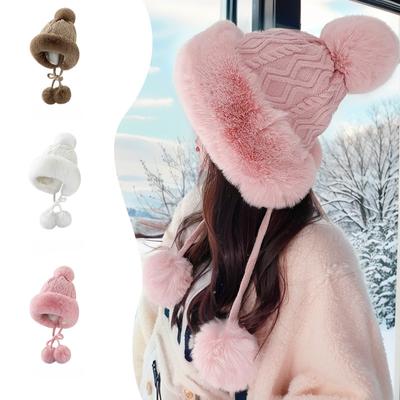 Süße Pullovermütze für Damen im Herbst und Winter mit Samt, Verdickung, Ohrenschutz, Fellknäuel-Plüschmütze, modische Strickmütze im koreanischen Stil