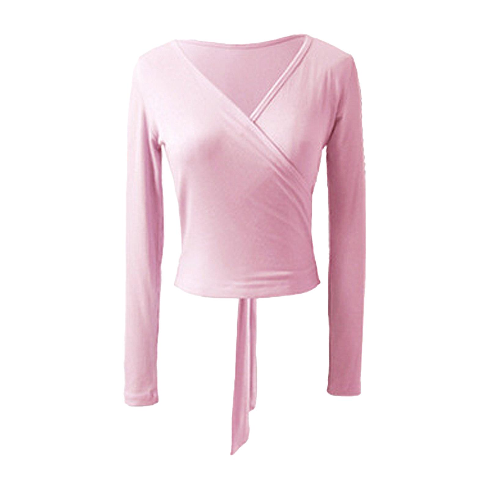 

Women Solid Color V Neck Long Sleeves Straps Back Stretchy Crochet Dance Tops Gym Yoga Ballet L рожевий