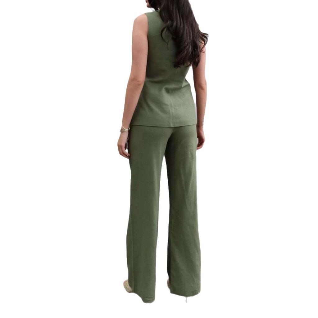 Amazon Women's New Temperament Commuter Style Crew Neck Sleeveless Slim Top High Waist Wide Leg Pants Set