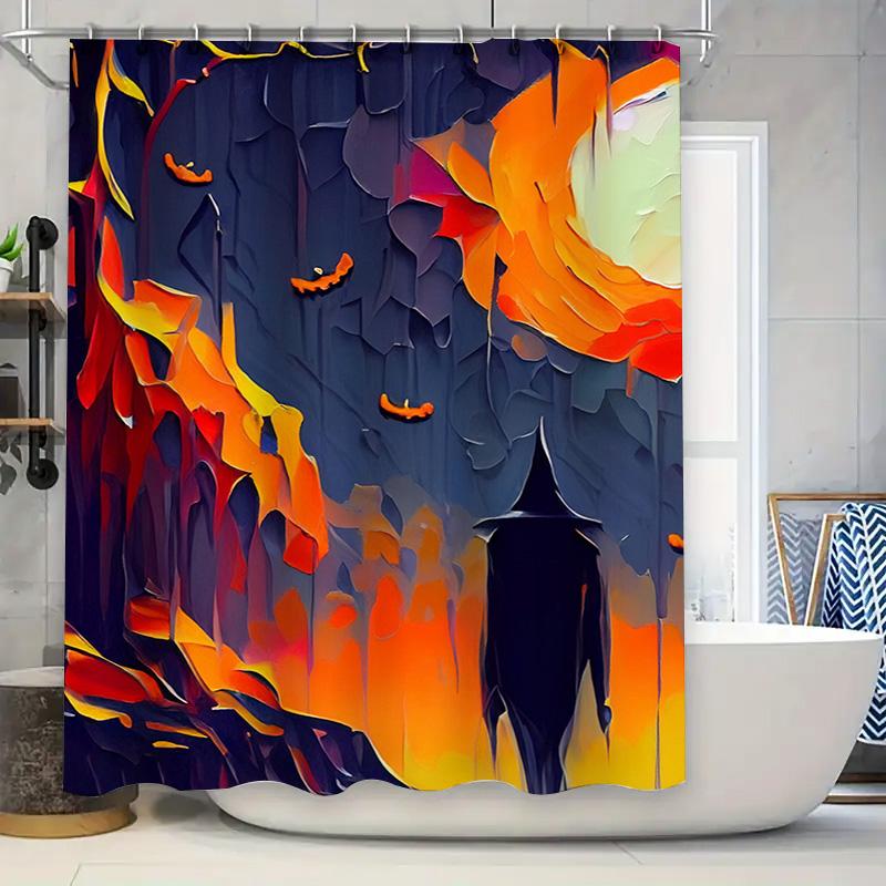 

Spooky Halloween Shower Curtain Haunted House Ghosts Fire Red Colorful Artistic Design For Bathroom Decor (Size: 72 X 78 Inches) W60H190(CM)-1 Pcs