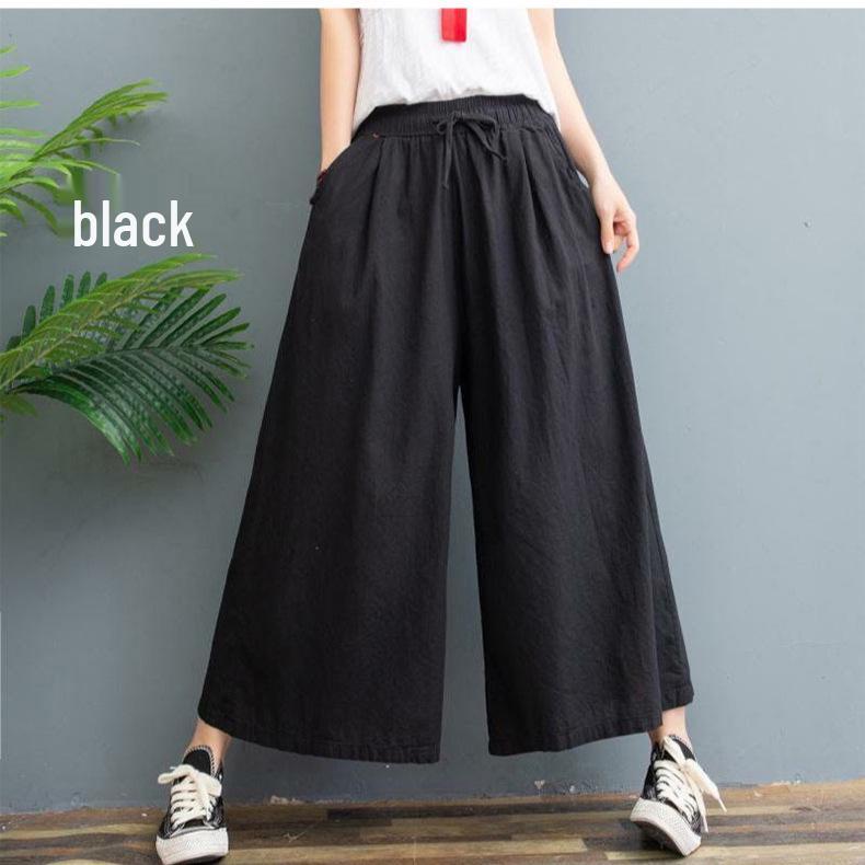 Plus Size Summer Cotton Linen Wide-Leg Pants - Lightweight, Versatile Eight-Point Culottes