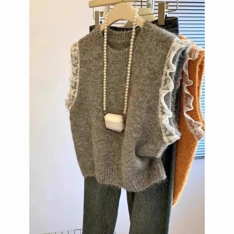 Women Sweater Vest Retro Patchwork Lace Knitted Solid Loose Sleeveless Vest High-quality Korean Soft Keep Warm Sweater Pullover
