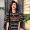 Rainbow Stripe Slimming T-shirt for Women Summer Slightly Fat Loose Shoulder Top