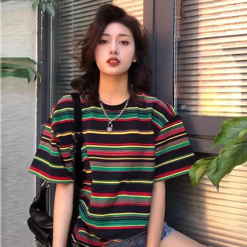 Rainbow Stripe Slimming T-shirt for Women Summer Slightly Fat Loose Shoulder Top