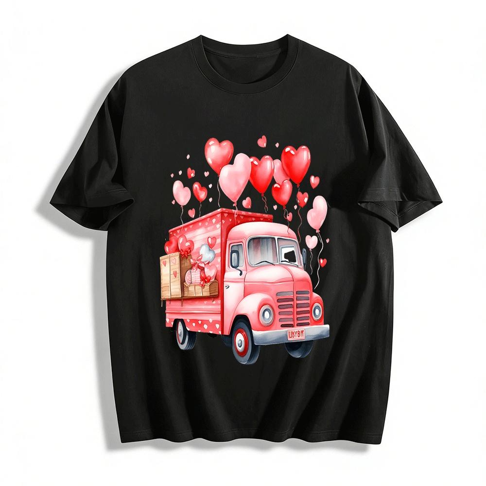 Valentines Day Heart Truck Print Casual Loose Fit Short Sleeve Top Pure cotton T-shirt XXS