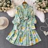 Spring Autumn Vintage Hydrangea Print Long Sleeve Short Dress for Women Fashion Stand Collar Belt Slimming Ruffles Splice Mini Dress