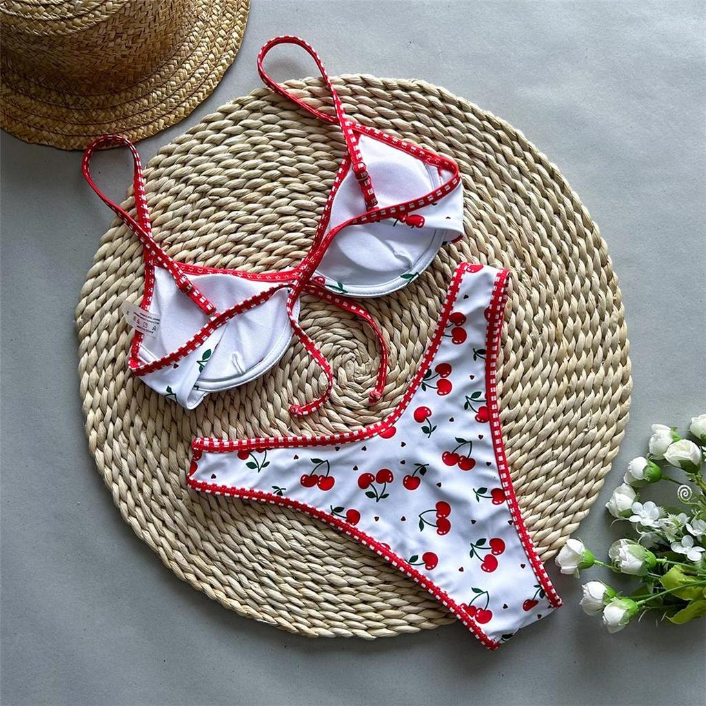 Bikini Brasiliano a Balconcino con Stampa Ciliegie Costume da Bagno Donna Costume da Bagno Due Pezzi Set Bikini Costumi da Bagno