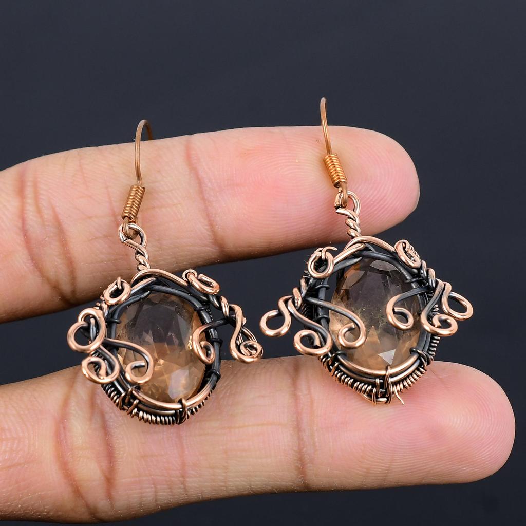 Smoky Topaz Earrings Gemstone Jewelry, 999 Copper Wire Wrapped Earrings, Handmade Beautiful Jewelry Earrings