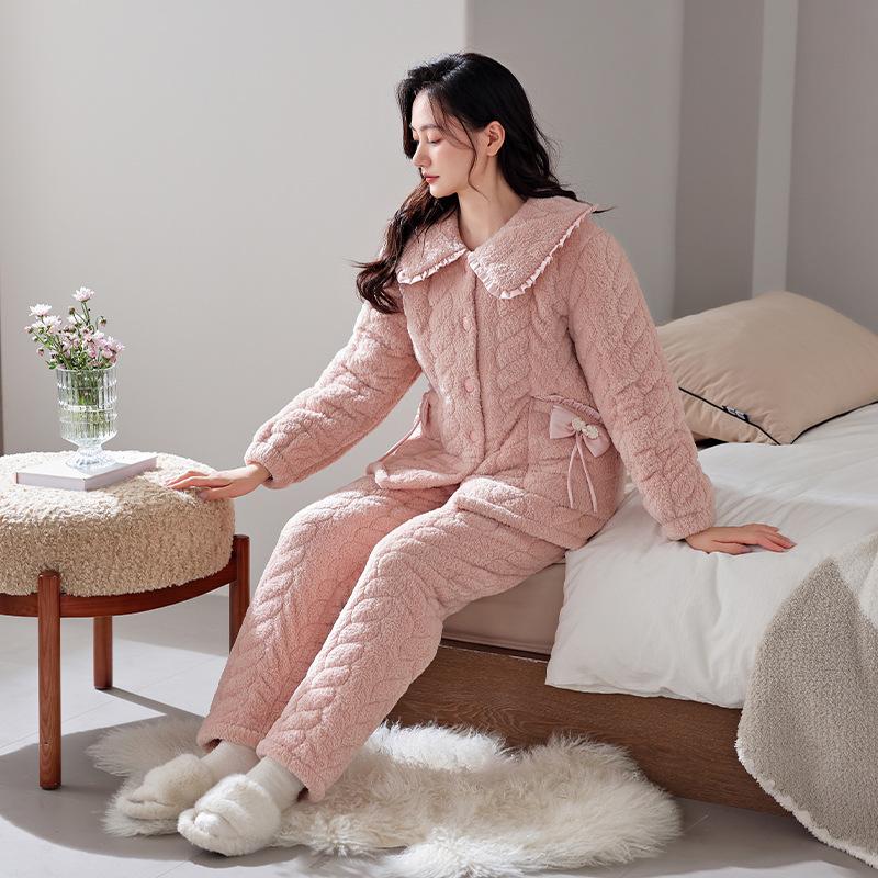Coral Fleece Three-Layer Padded Pajamas Women'S Autumn And Winter Thickened Warm Padded Jacket Loungewear Set