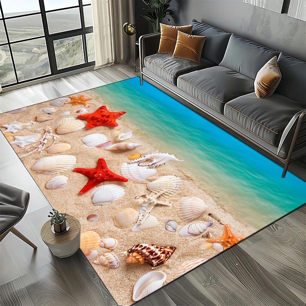 3D Realistic Seashell Starfish Pebble Beach Rug for Living Room Bedroom Coastal Decor Non Slip Carpet Ocean Theme Perfect Gift