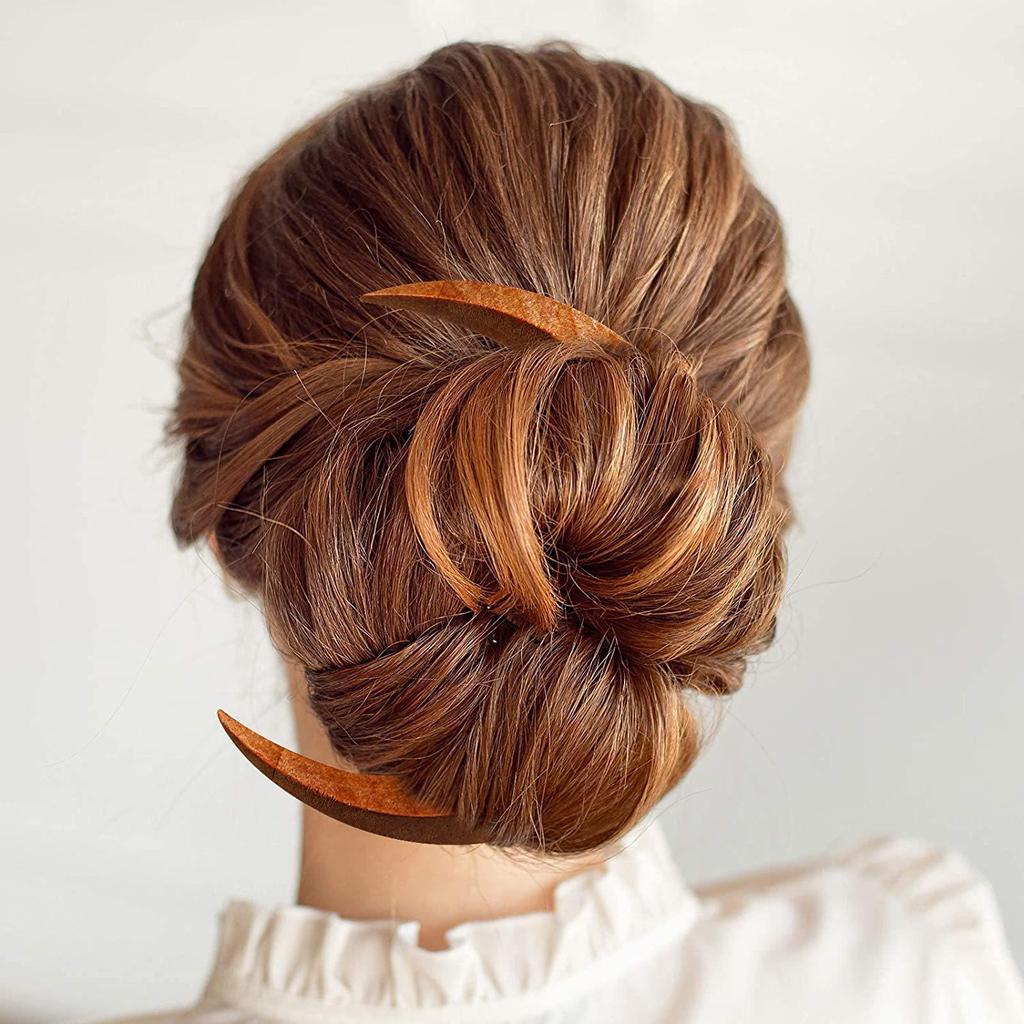 Moon Hairpin: Crescent-Shaped Wooden Hair Fork and Styling Clip, New Chinese Style.