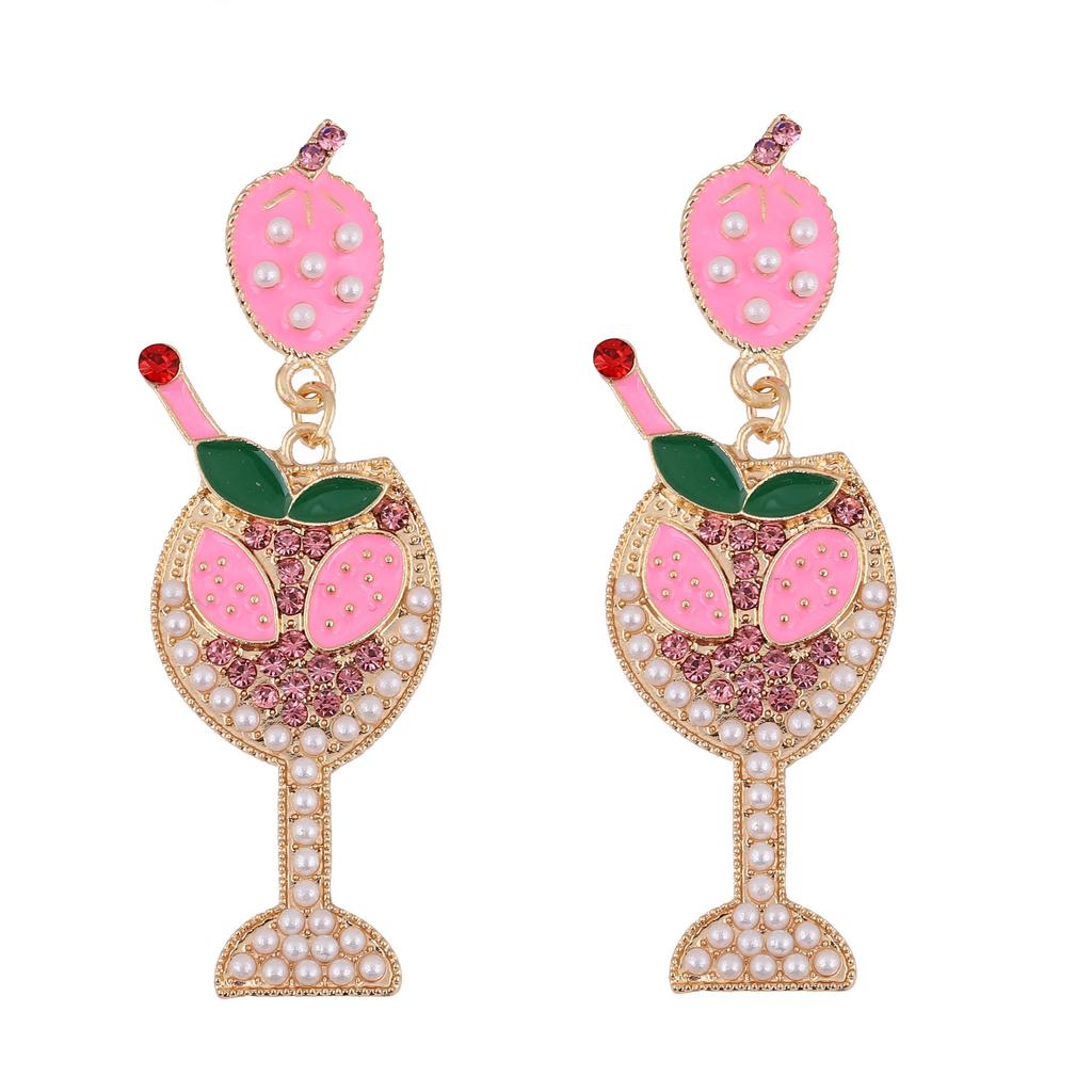 European and American New Cute Color Drip Oil Fashion Strawberry Wine Glass Earrings Pearl Alloy Diamond-encrusted Goblet Earrings Women