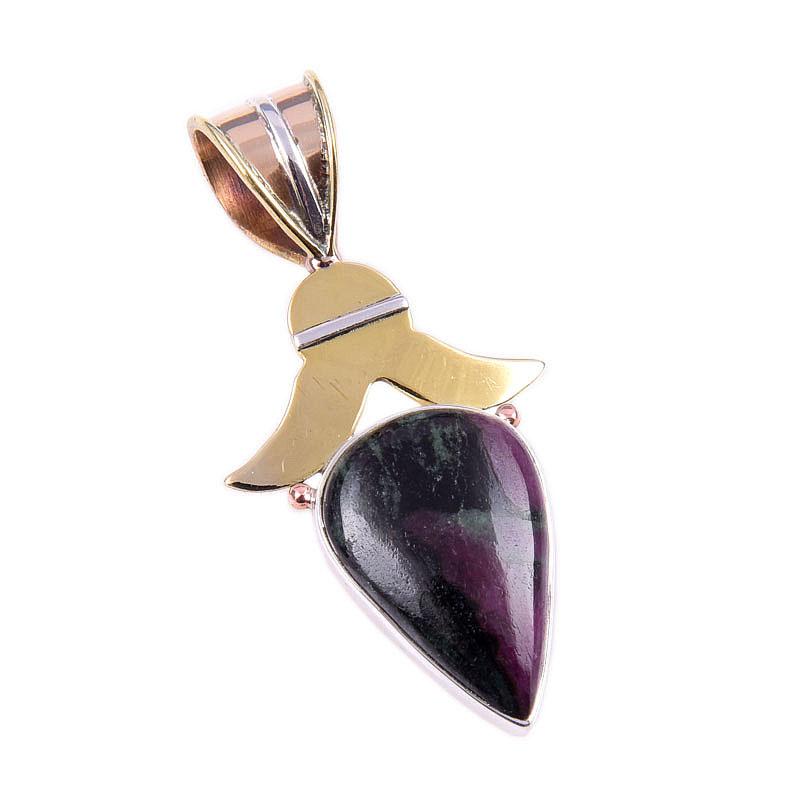 Ruby In Zoisite Lab-Created 925 Sterling Silver Gift Two Tone Pendant 1.50" D0F65