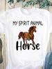 Horse Pattern Printed Women's Pure Cotton Short Sleeved Round Neck White T-Shirts Women’s