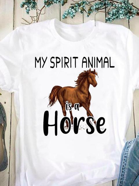 Horse Pattern Printed Women's Pure Cotton Short Sleeved Round Neck White T-Shirts Women’s