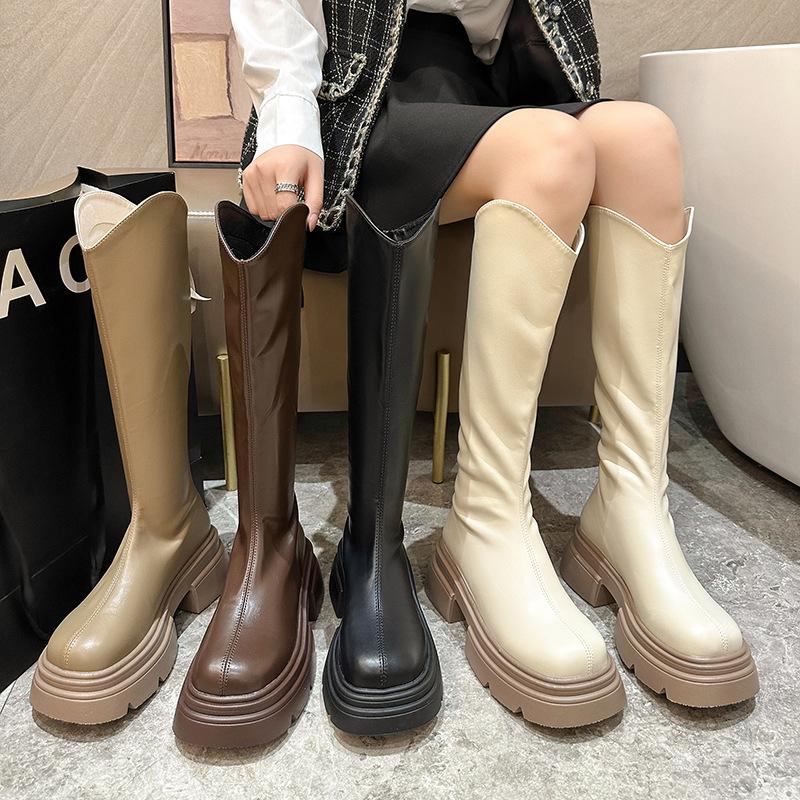 Small Long Boots for Women, New V-mouth White Casual High Tube Thick-soled Thick Heels But Knee Knight Boots