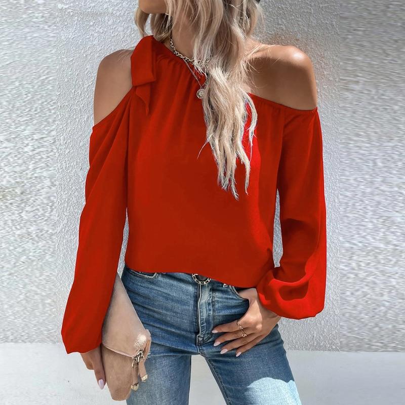 Spring Office Lady Fashion Off Shoulder Shirt Women Tops Long Lantern Sleeve Loose Clothes Crew Collar Chiffon Blouses 25468