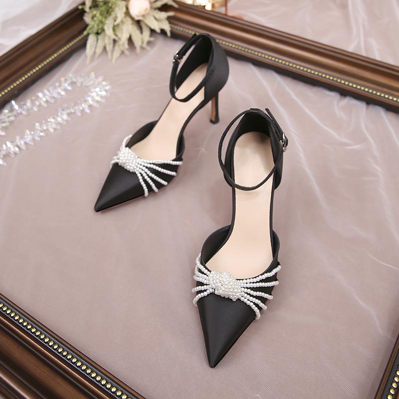 Luxusní perlový řetízek Vysoký podpatek Dámské boty Sexy lodičky Špičaté Stiletta Elegantní šaty Svatby Svatební párty boty Bílé