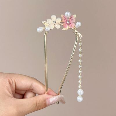Moda Metalowy Kwiat i Motyl Chwost Patyk do Włosów Kobiety Chiński Styl w Kształcie Litery U Spinka do Włosów Hanfu Nakrycie Głowy Biżuteria Akcesoria do Włosów