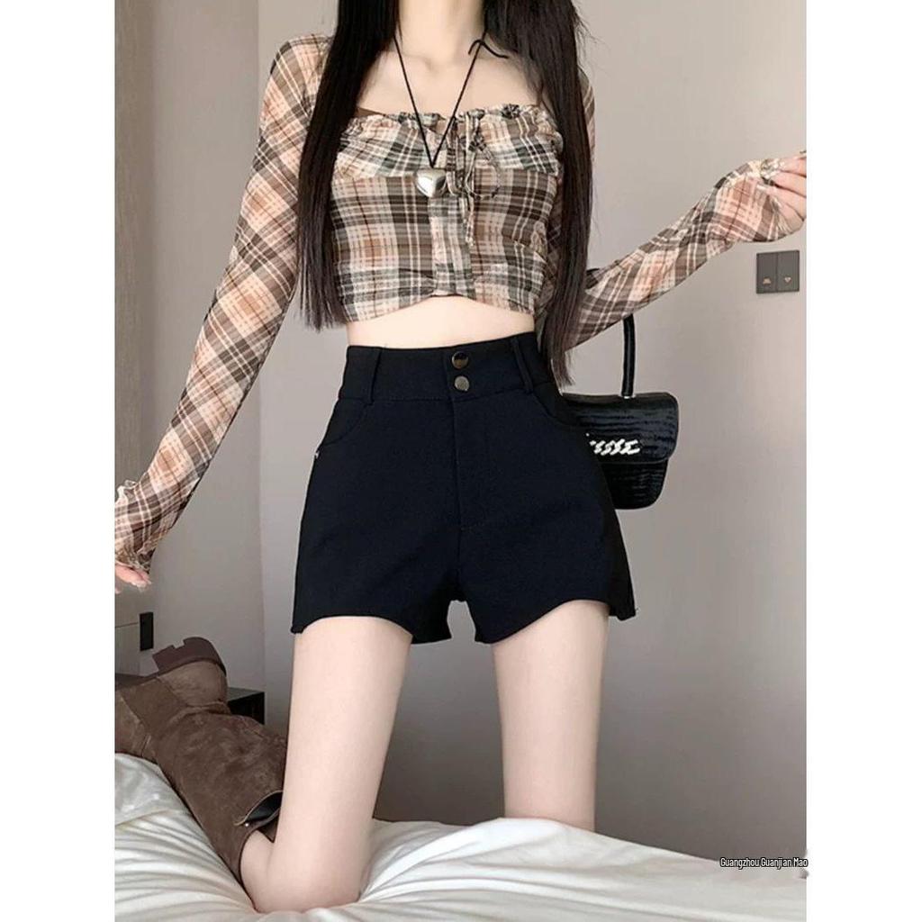 Women's High Waist A-Line Black Suit Shorts - Slim Fit, Stretchy Boot Pants for Spring 2026