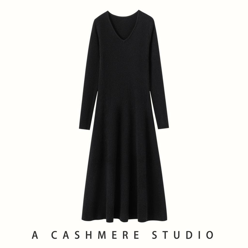 Women's Slimming V-neck Cashmere Knit Dress - Long Wool Dress for Autumn/Winter