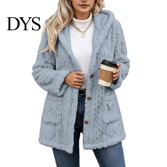 Long Sleeve Warm Coat Women Fleece Jacket with Pockets, Hooded for Fall Winter, Oversized Casual Button Front Cardigan Outerwear Cozy
