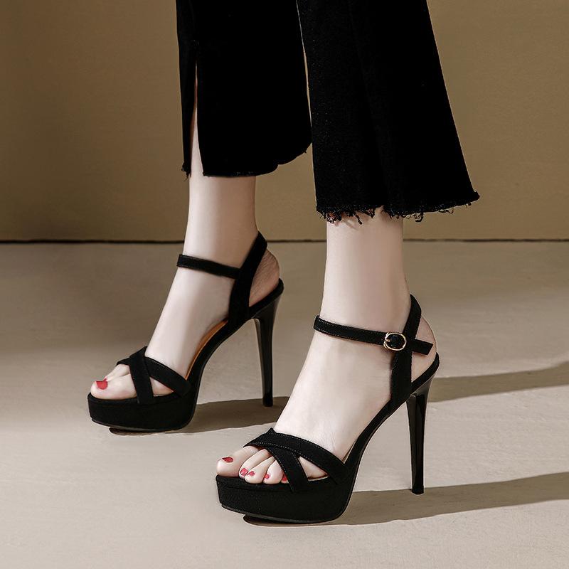 Fashion Elegant Summer Women's Black Platform Sandals Chunky High Heels Fashion Classic Ladies Party Shoes