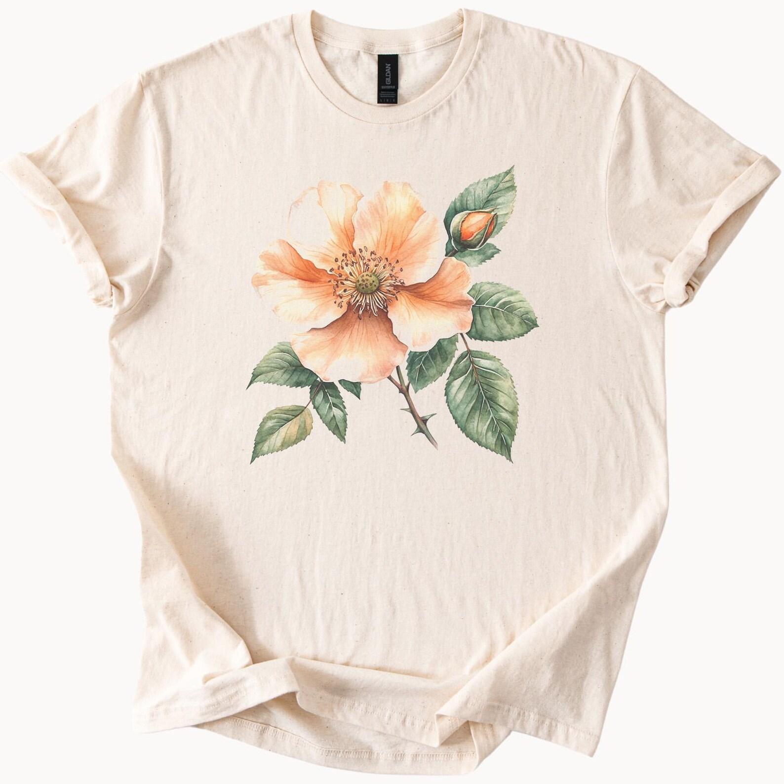 Peach Wild Rose Flower Graphic T Shirt Watercolor Floral Art Tee Botanical Nature Shirt Soft Cream Aesthetic Flower Shirt Gift 150