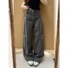 Women's High Waist Wide Leg Cargo Jeans Loose Fit Japanese Casual Gray Multi Pocket Straight Denim Pants