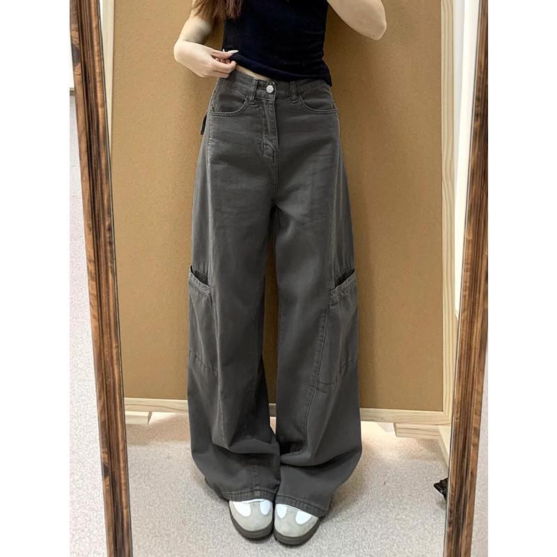 Women's High Waist Wide Leg Cargo Jeans Loose Fit Japanese Casual Gray Multi Pocket Straight Denim Pants