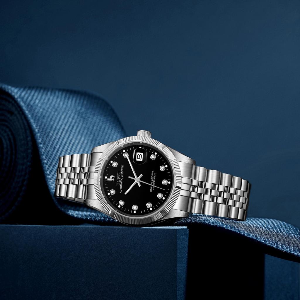 Relógio mecânico automático popular de braço prateado preto [BUREI] Relógio masculino, à prova d'água, analógico, data, relógio, marca masculina, elegante, relógio, simples, casual,