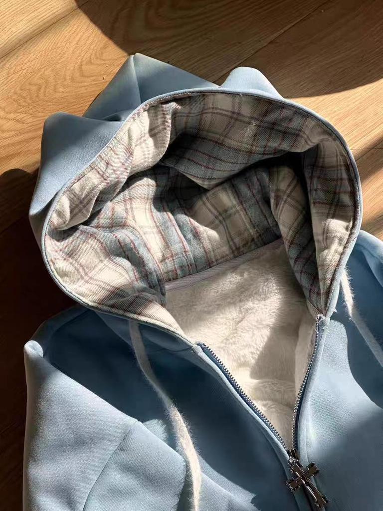 Hanorac cu glugă cu urechi de pisică, patchwork carouri Y2K Millennial - Jachetă de damă căptușită cu fleece pentru toamnă și iarnă