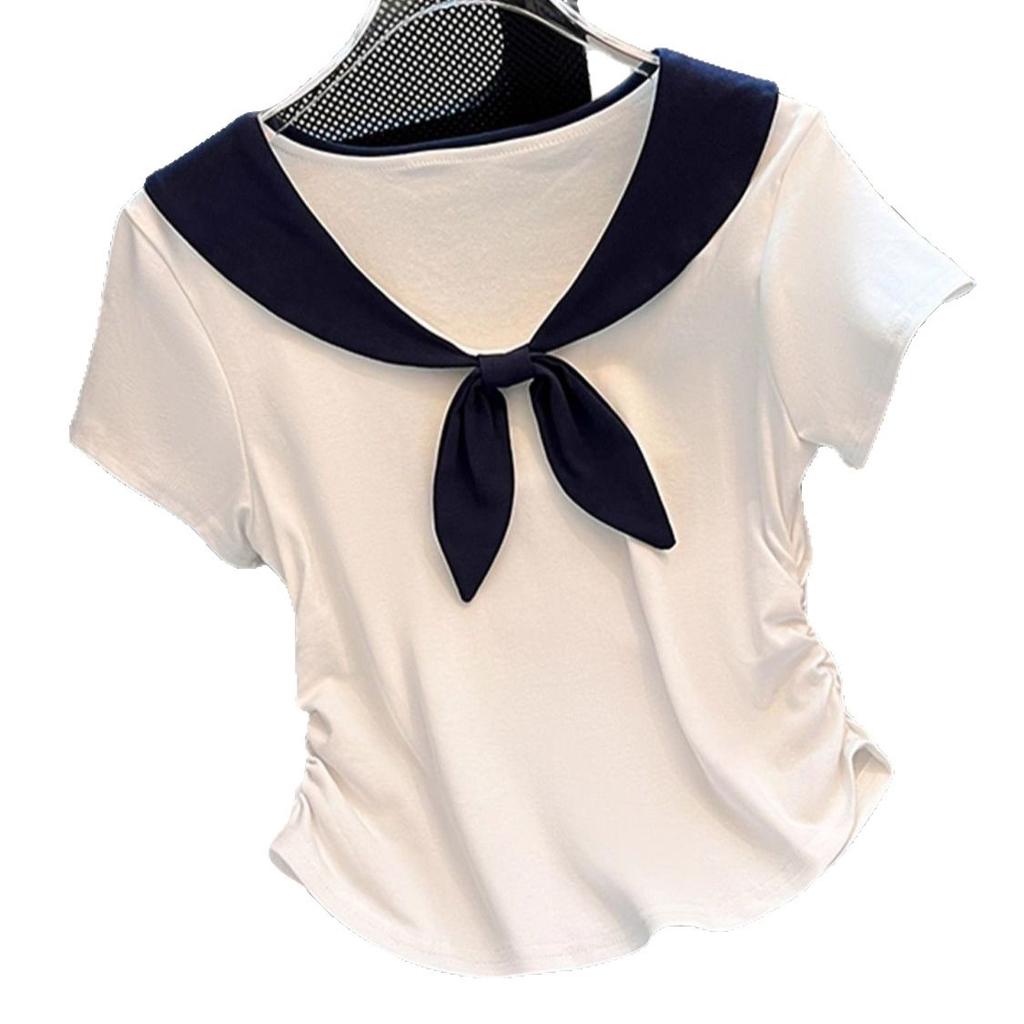 Temperamentkontrastierende Fliege vorne Schulter kurzärmeliges T-Shirt Damen Sommer Neu High-End Slim-Fit kurzes Hemd Top