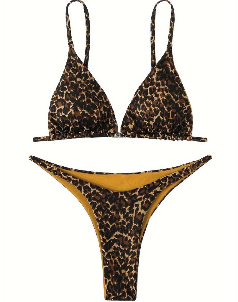 Damen Badeanzug Leopardenmuster Zweiteiliger Badeanzug Bikini Set Strandbekleidung Badeanzüge