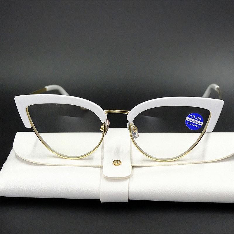 Metal Half Frame Cat Eye Reading Glasses Anti-blue Light Far Sight Glasses Women's Grade Presbyopia Glasses Diopters To +4.0